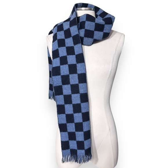 HANDCRAFT INC 100% Shetland Wool Long Scarf Tassels Blue Checkerboard VI…